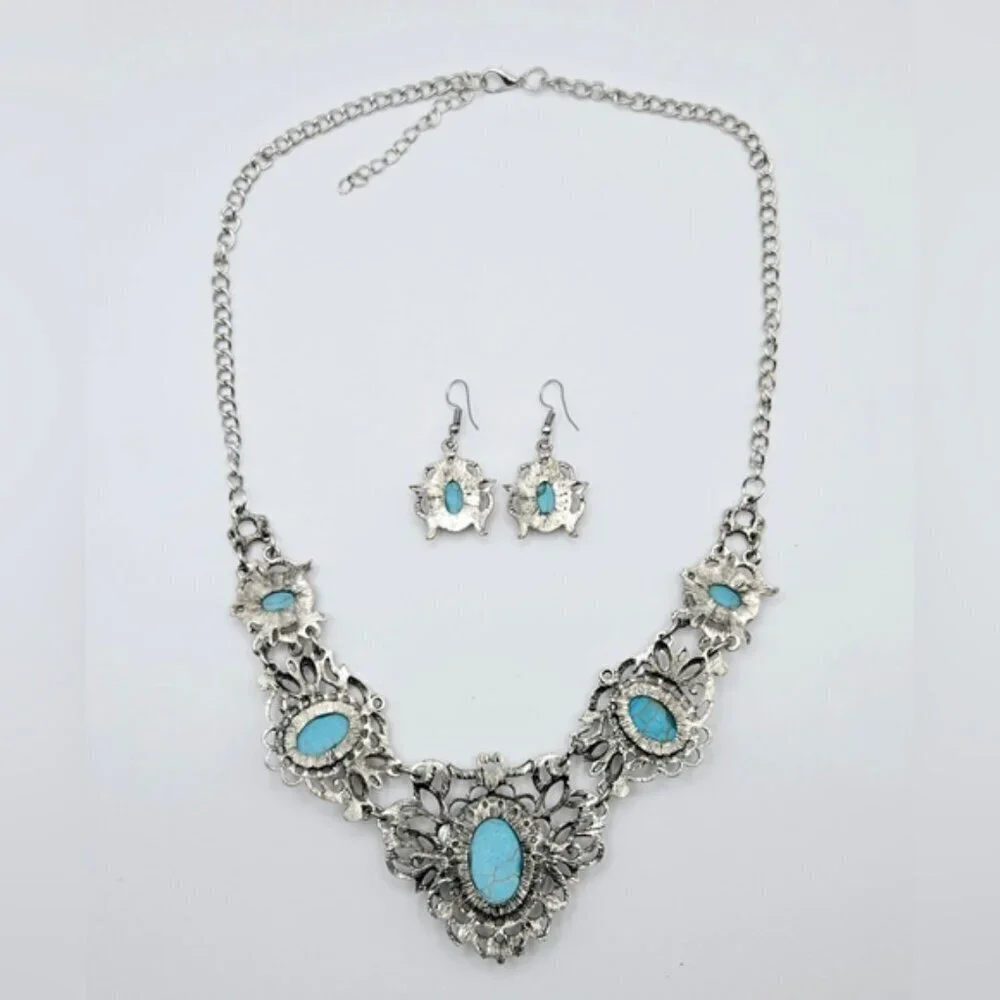 Turquoise Statement Necklace Set Silver Boho Western Bib Earrings Vintage